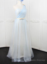 Blue One Shoulder Tulle With Bow Bridesmaid Dress